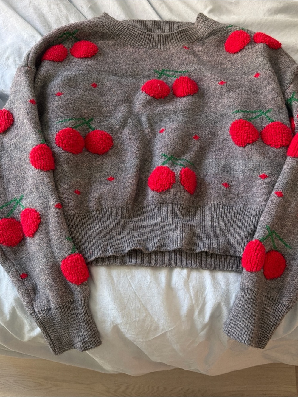 Cherry Knit Sweater with Red Pom Details